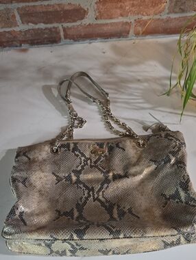 DKNY Snake-Print Shoulder Bag in Taupe and Cream with Chain Straps